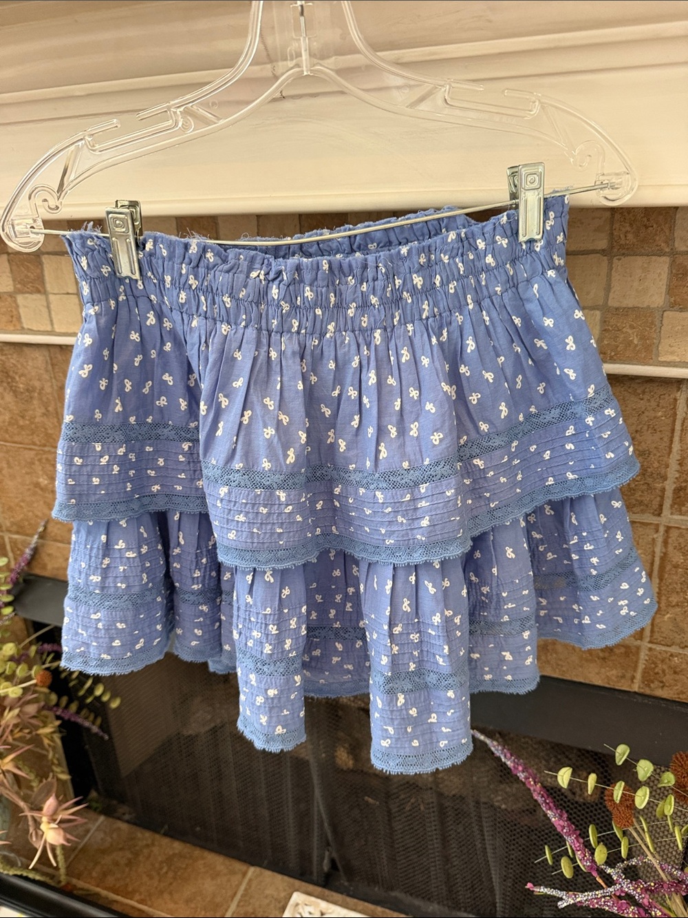Love Shack Fancy Ruffle Mini Skirt; blue bows lace sz small